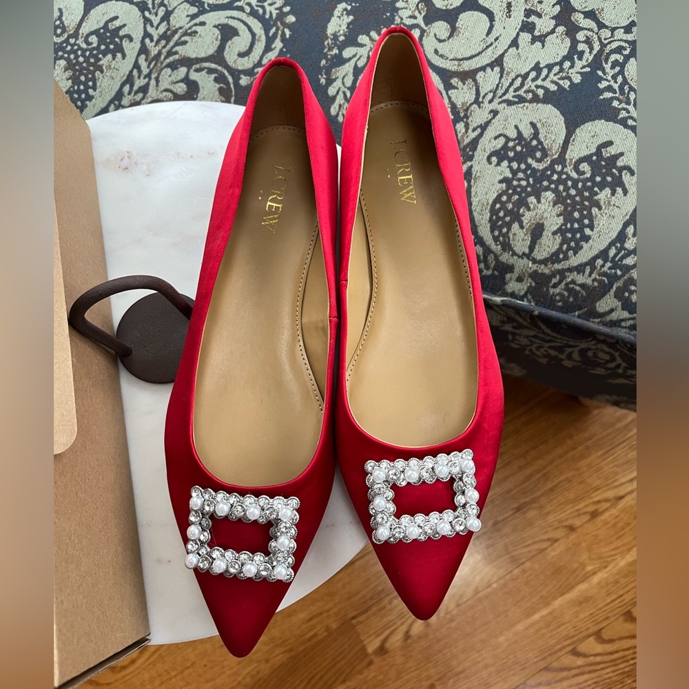 NIB- J Crew Ruby Satin Pointy Toe Jeweled Flats - Picture 8 of 10